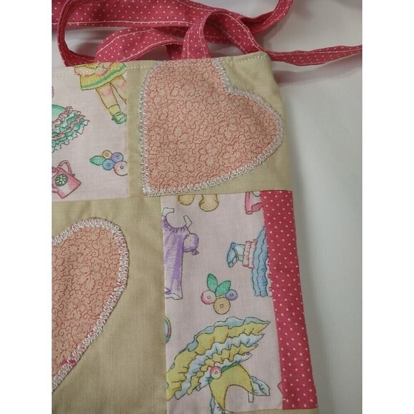 Handmade New Quilted Square Pink Creme Hearts Paper Doll Book Bag/ Library Bag. - Picture 3 of 11